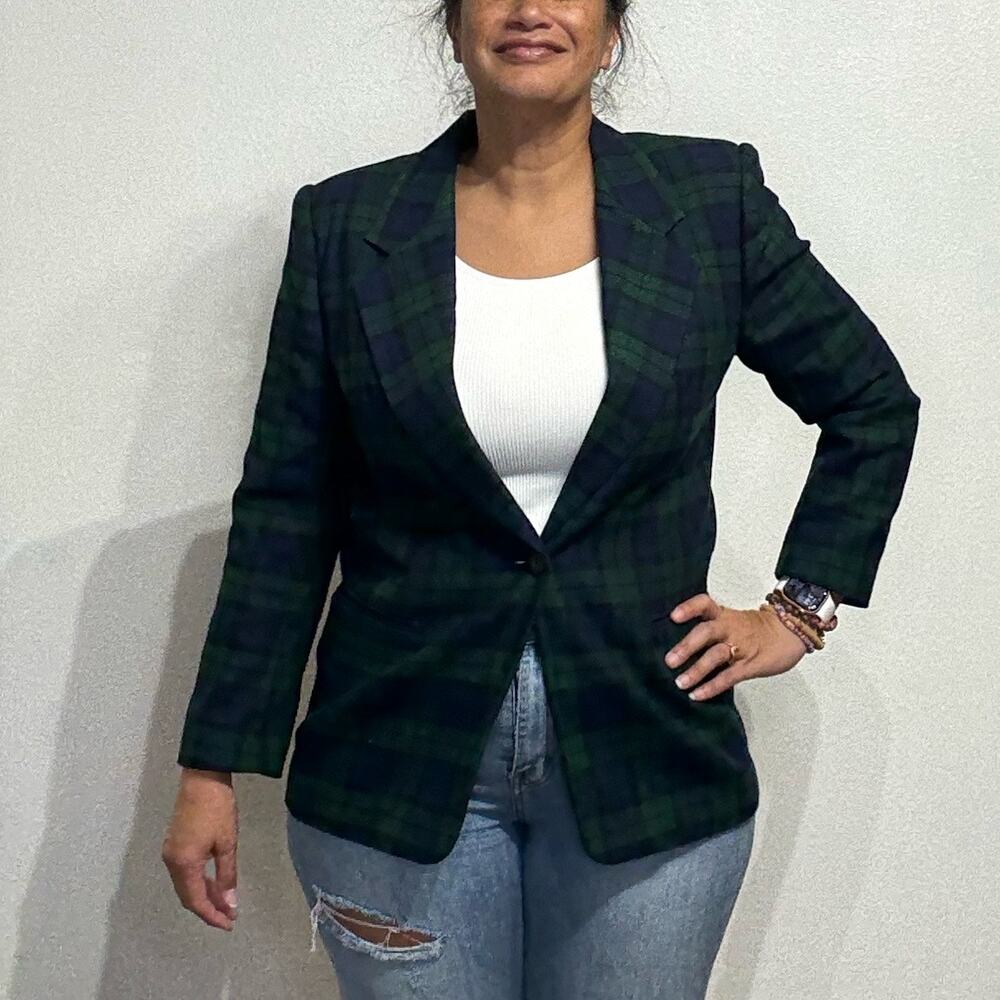 Leslie Fay Green Plaid Wool Blend Vintage Blazer Sz L